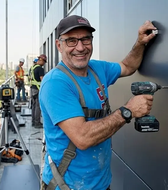 Porträt eines lächelnden Handwerkers bei der Montage einer Metallfassade